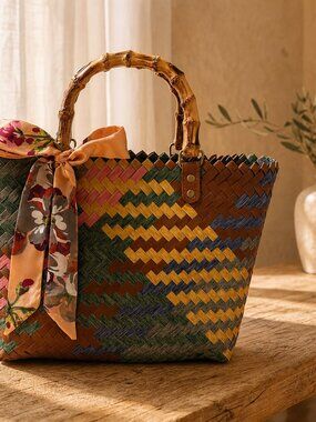 Handwoven Multicolor Chevron Tote • Faux Bamboo Handle, Silk Scarf Accent
